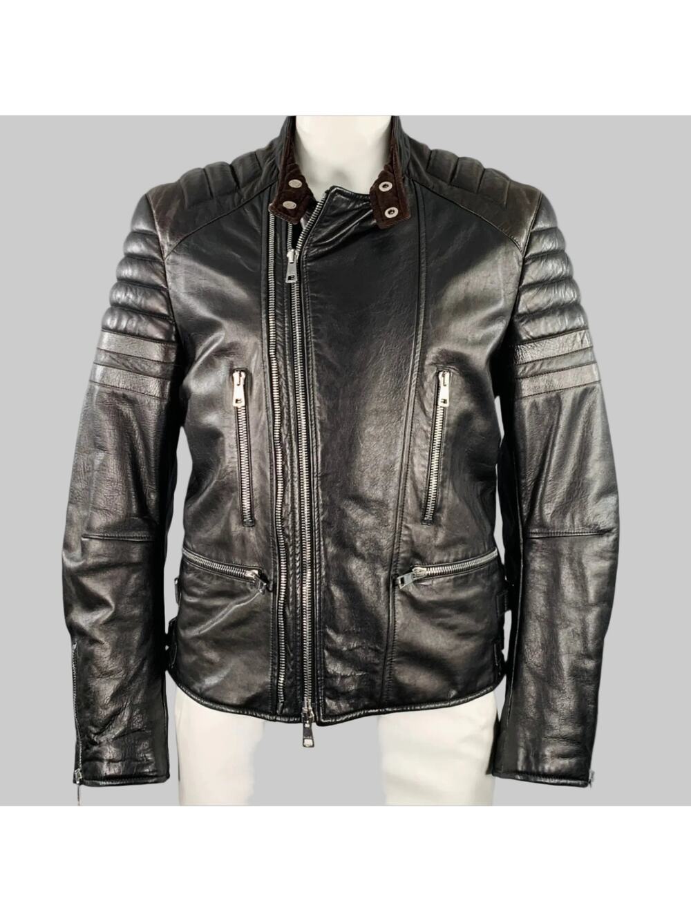 GUCCI Size 44 Black Brown Quilted Leather Motorcycle Jacket